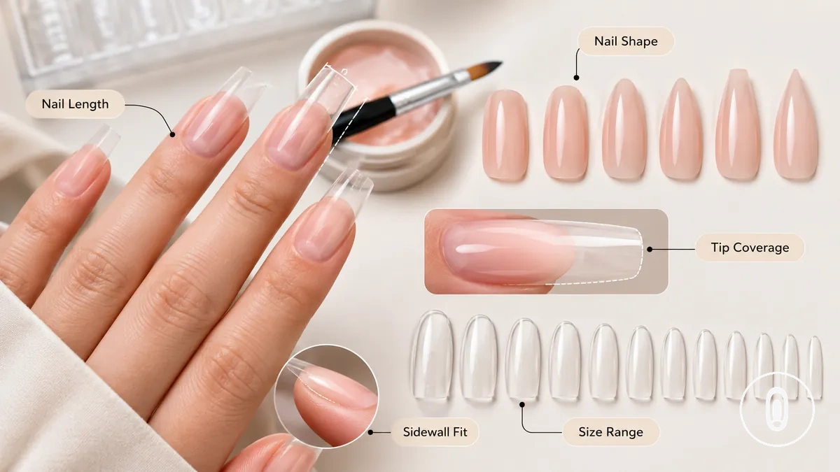 Natürliche Nagellänge, Nagelbettform und Tip-Abdeckung im Kontext eines Gel-Nagelverlängerungssets für zu Hause