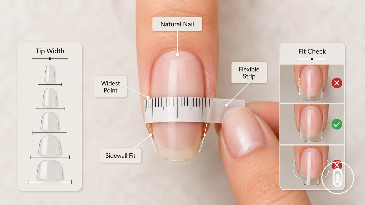 Messung der Naturnagelbreite mit einem flexiblen Maßband, mit Markierung der breitesten Stelle und Seitenwand als Referenz