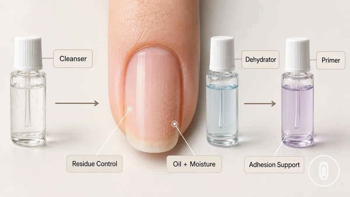 Reiniger, Dehydrator und Primer – ihre Aufgaben bei der Nagelvorbereitung für Gel-Verlängerungen, dargestellt neben einem Naturnagel