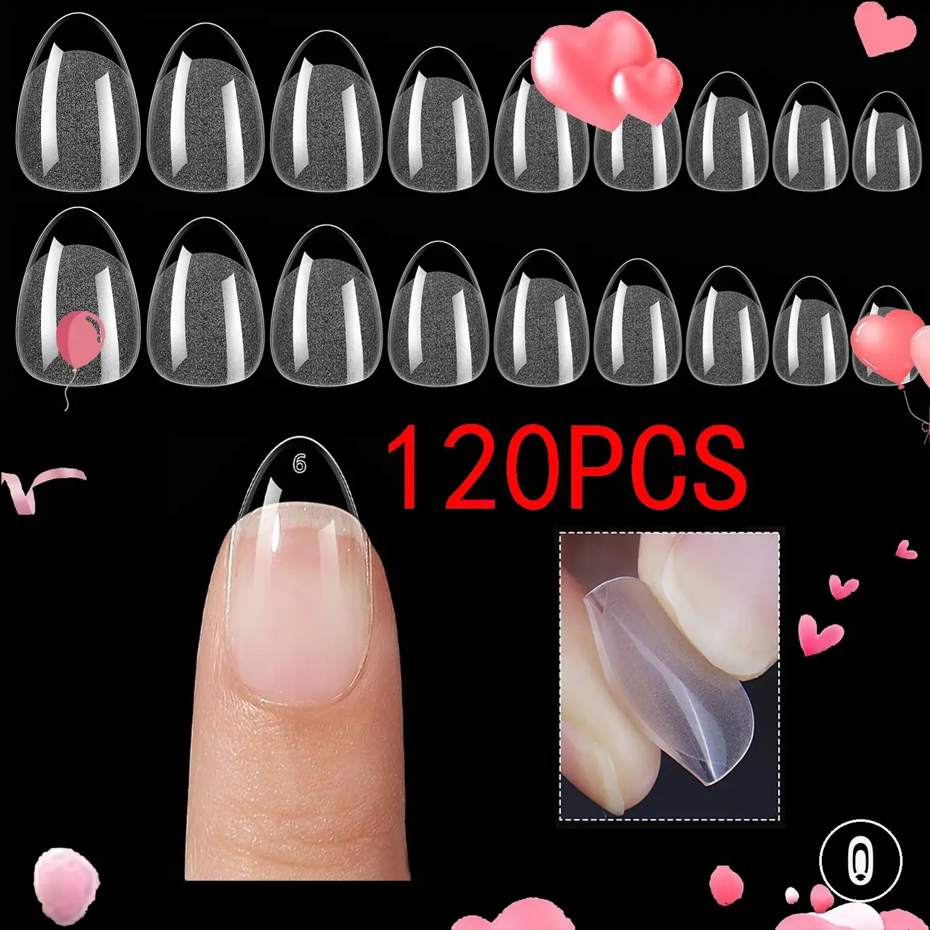 Short almond soft gel nail tips with full cover shape and clear finish