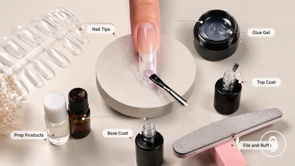 Nail tips, glue gel, prep products, and finishing coats used in a gel nail extension kit