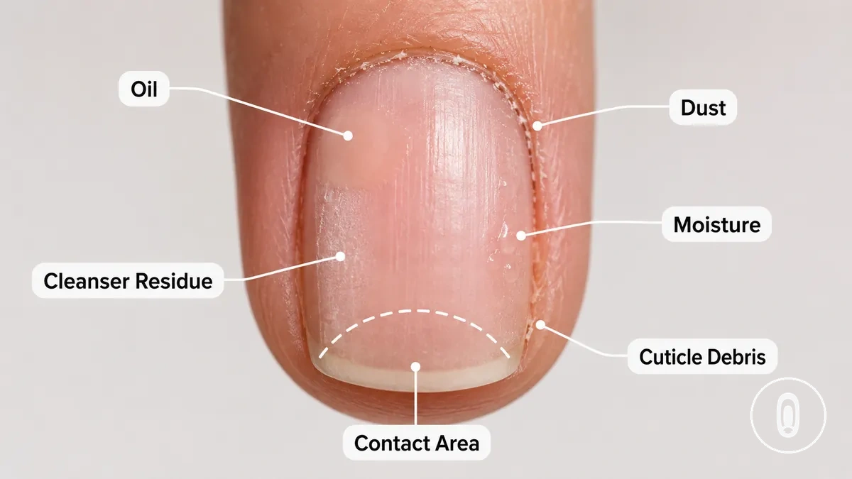 Close-up of natural nail residue that can weaken gel adhesive contact