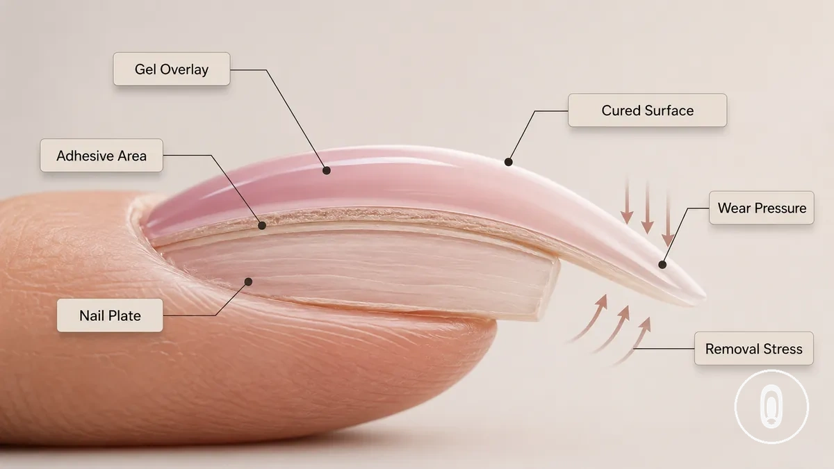 Diagram showing how gel extensions sit on the natural nail surface