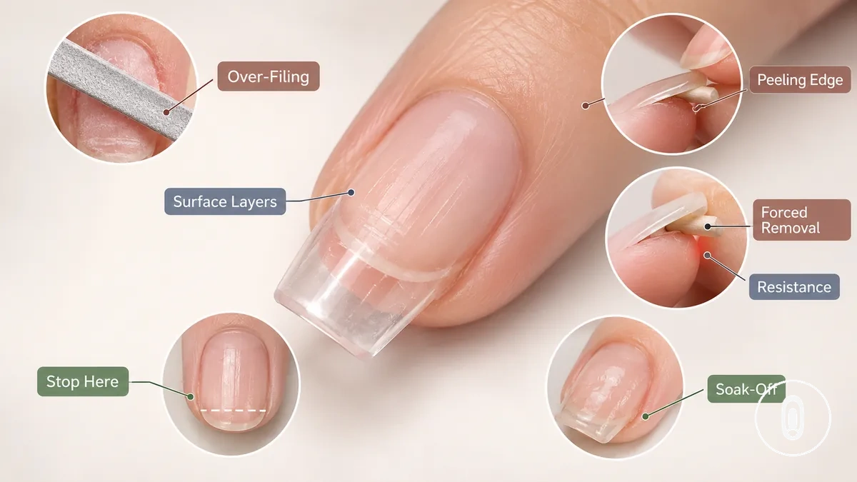 Annotated example of over-filing and peeling risks on a natural nail
