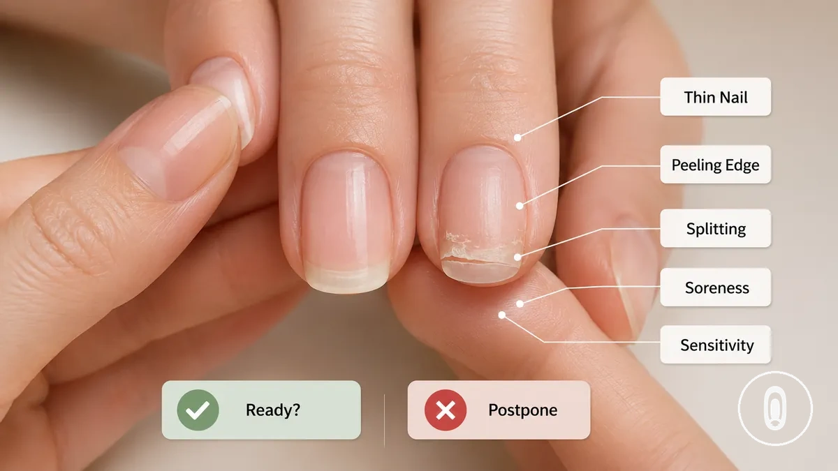 Natural nails showing readiness cues before applying gel extensions