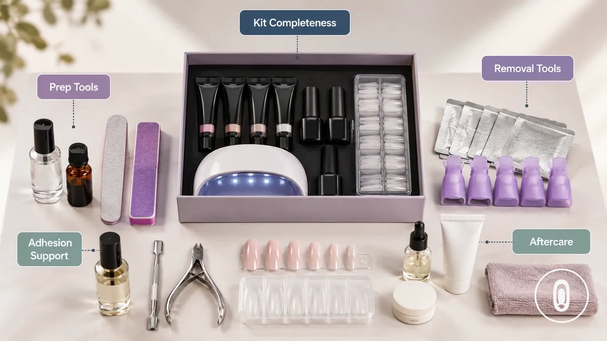 Starter bundle with gel nail prep and removal products showing completeness factors