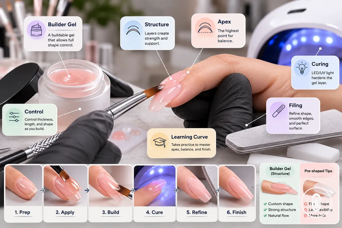 Builder gel extension kit showing buildable gel, apex structure, curing lamp, and filing control
