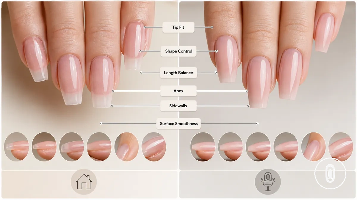 Result quality, shape control, and salon-style finish showing tip fit, sidewalls, length balance, and surface smoothness factors