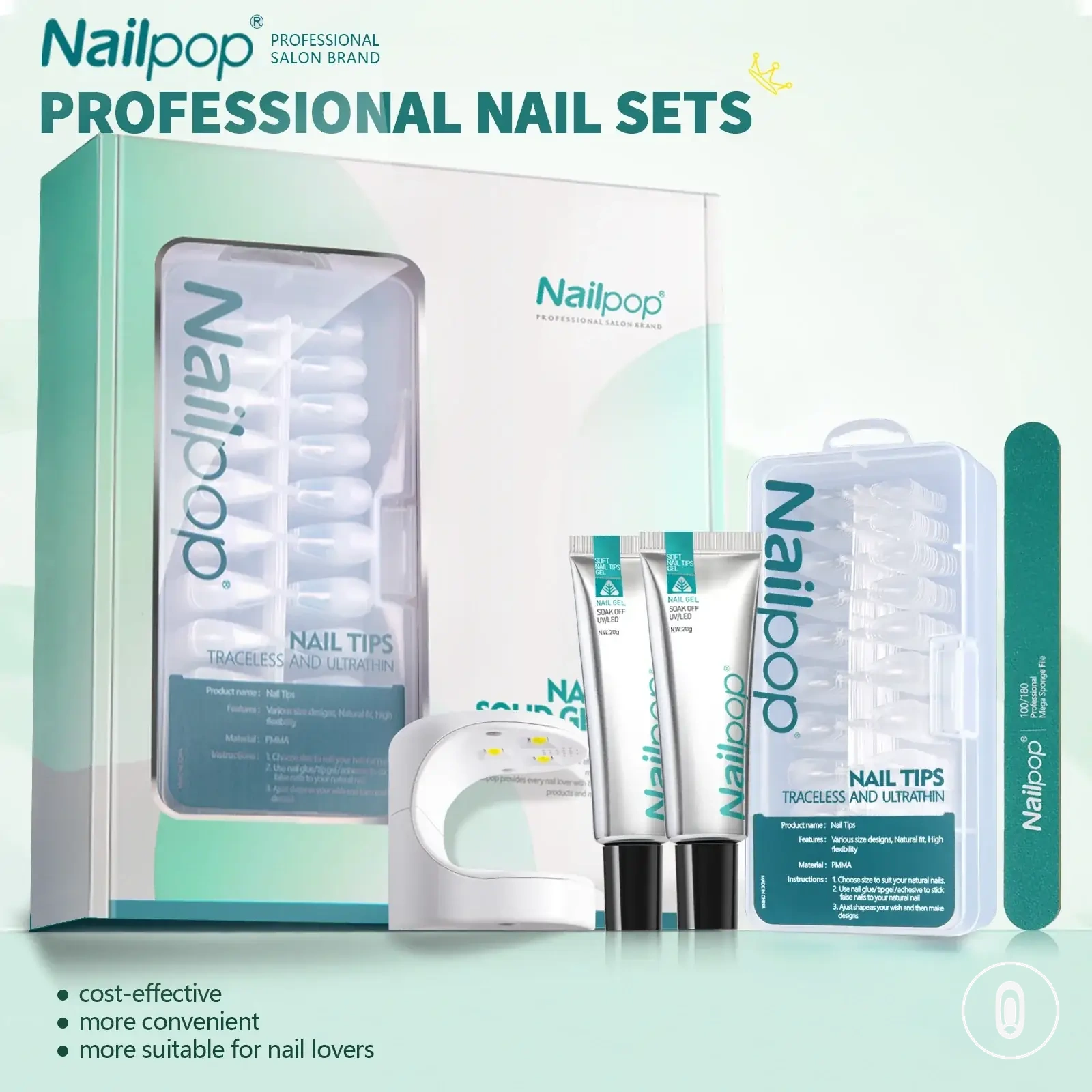 Kit de tips y gel pegamento con lámpara UV, uñas semimate y limas
