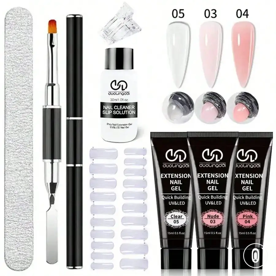 Kit de polygel para extensión con gel UV transparente y blanco, moldes de tips y pincel