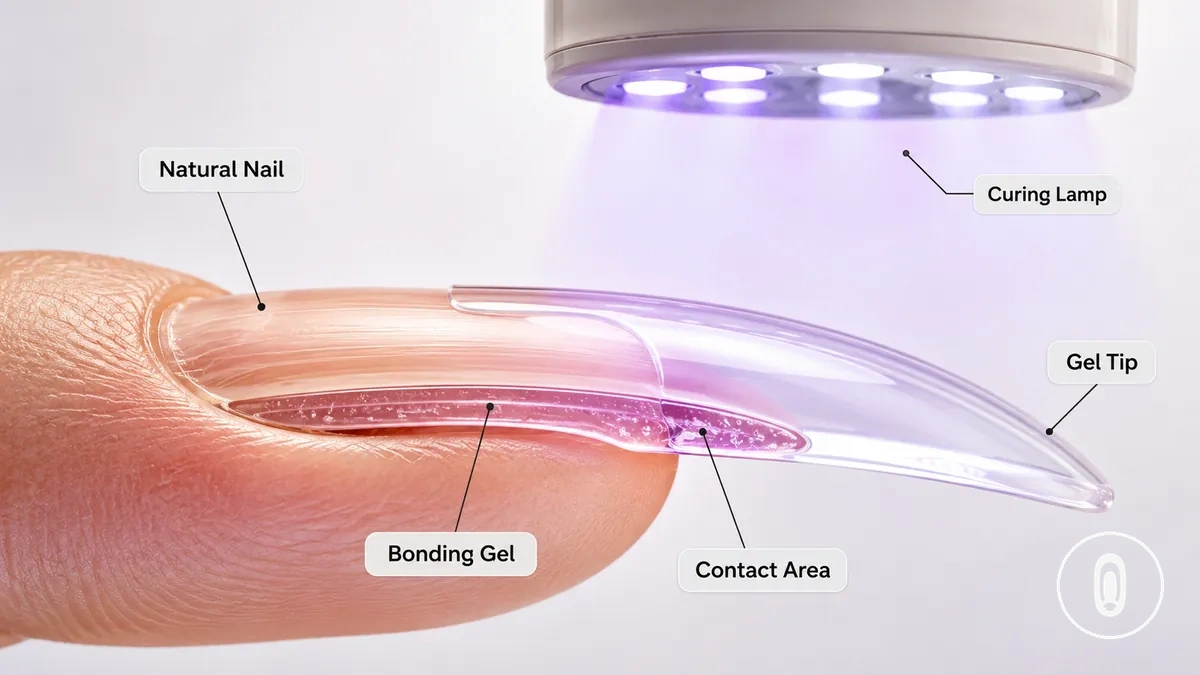 Diagrama que muestra cómo un tip de gel se une a una uña natural con gel antes del curado