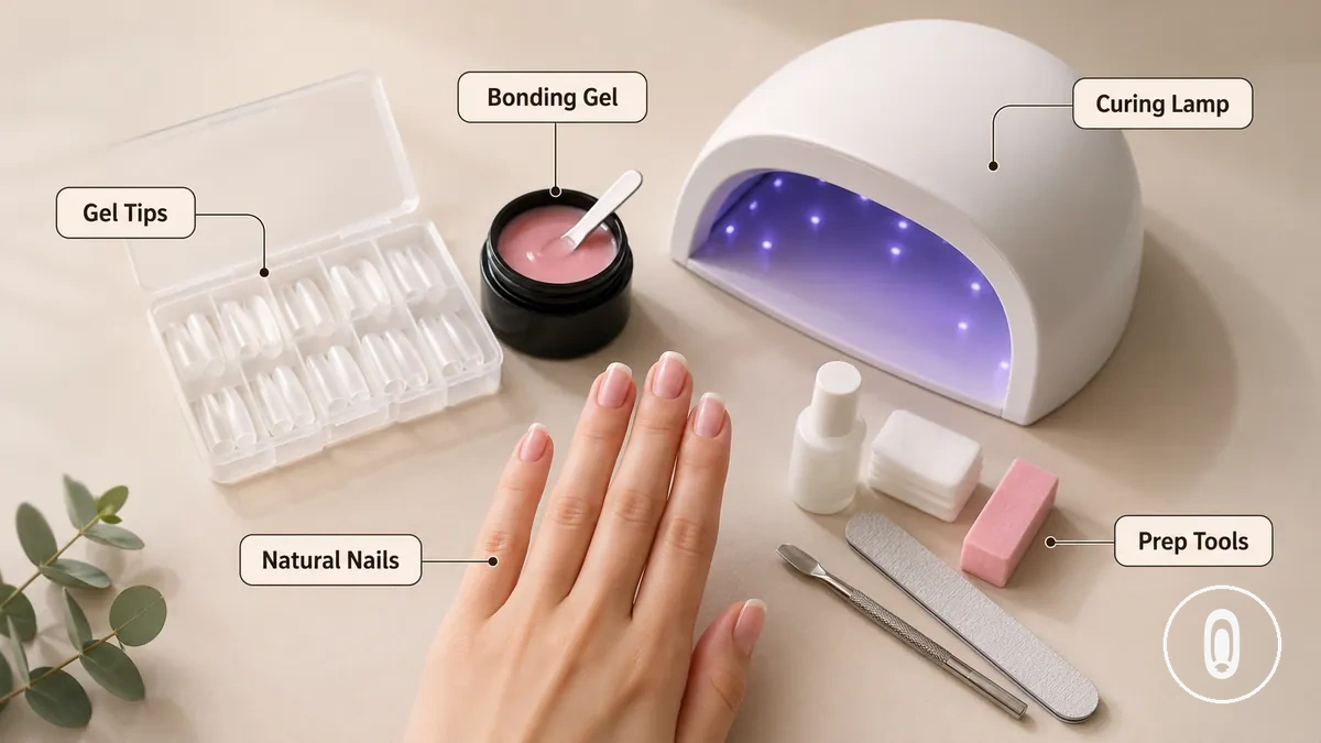 Kit de extensiones de uñas de gel en casa etiquetado que muestra tips de gel, gel de fijación, lámpara de curado y suministros de preparación