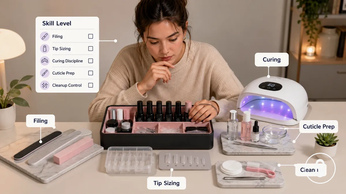 Principiante comprobando el nivel de habilidad y los requisitos de herramientas para un kit de extensiones de uñas de gel