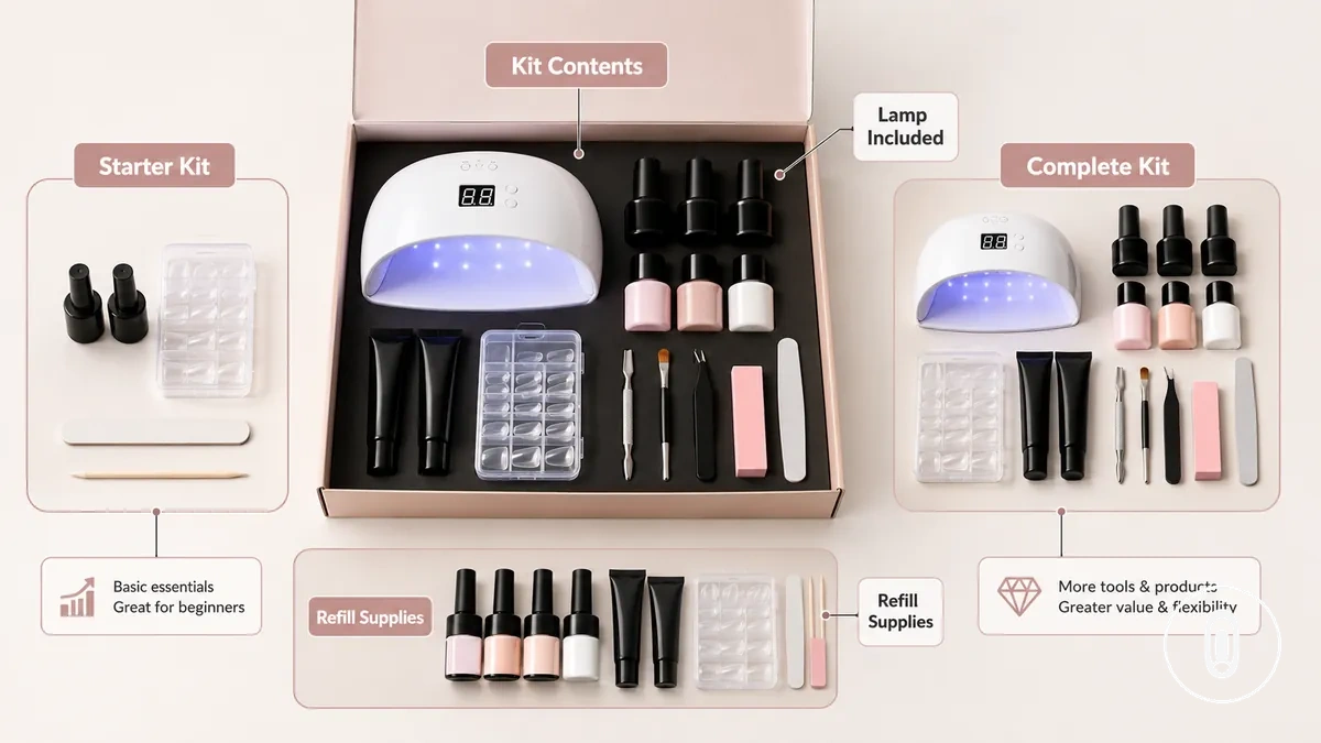 Comparación de rangos de precios para kits de extensiones de uñas de gel en casa por tipo de kit: inicial, completo y con lámpara incluida