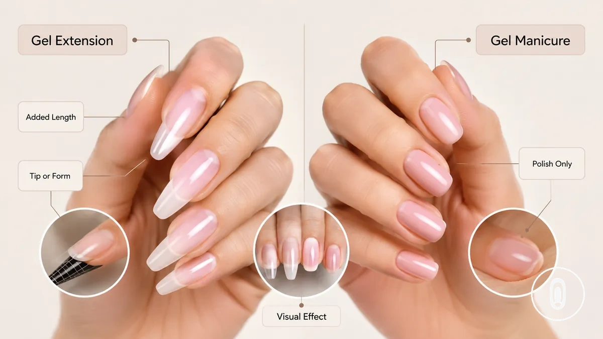 Resultados de extensiones de gel comparados con resultados de manicura de gel, mostrando longitud añadida y acabado solo de esmalte