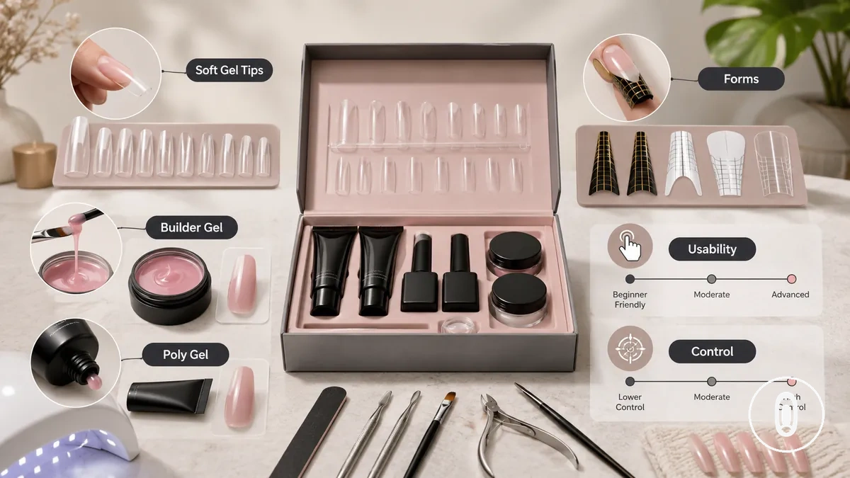 Opciones de tipo de kit y sistema de extensión en el contexto de un kit de extensiones de uñas de gel en casa