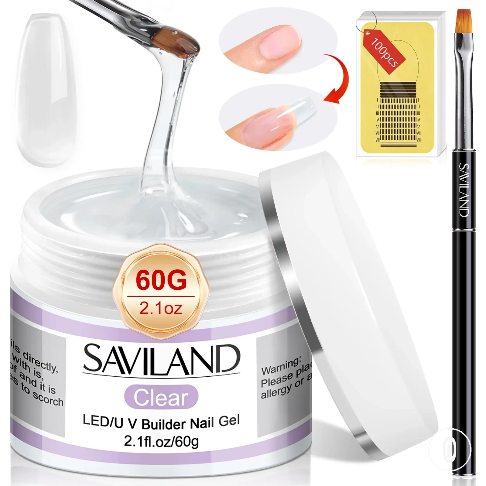 Kit de gel builder transparent avec chablons et pinceau pour extensions d’ongles