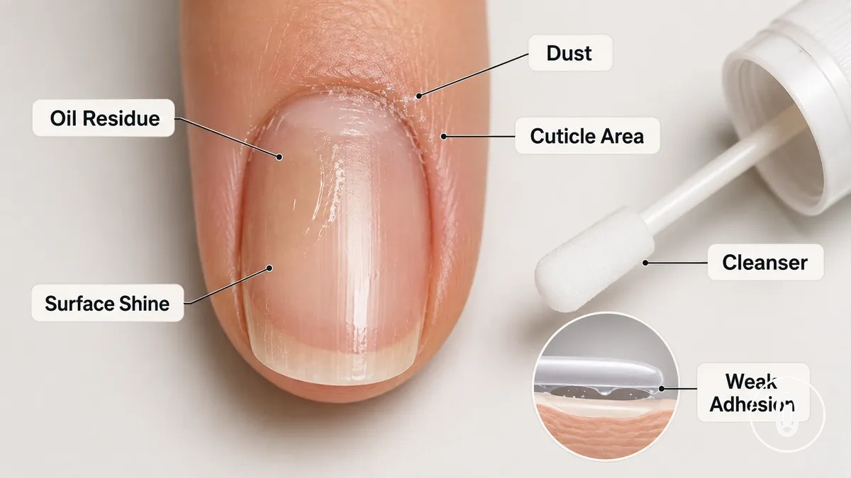 Erreurs de préparation des ongles montrant des résidus près des cuticules avant les extensions en gel