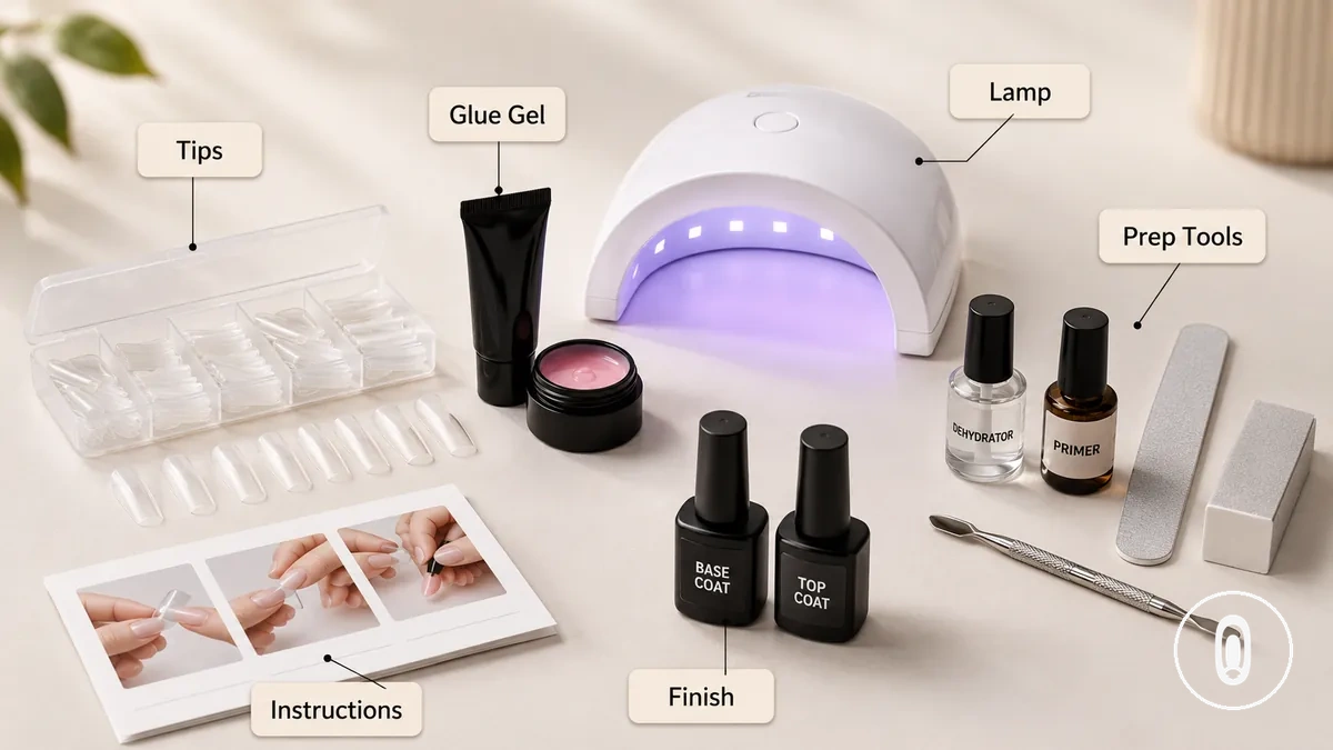 Composants du kit de démarrage organisés par fonction pour une utilisation débutante de l'extension d'ongles en gel