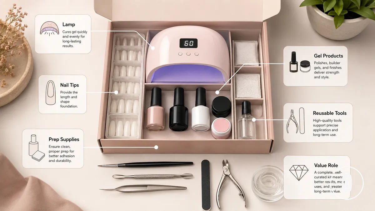 Inclusions d’un kit d’extension d’ongles en gel à domicile étiquetées montrant la lampe, les embouts, les produits gel et les outils qui affectent la valeur