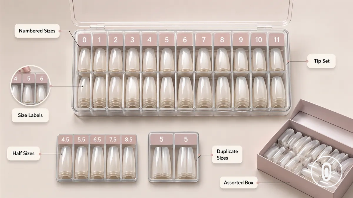 Étiquettes de taille de capsules gel et boîtes assorties montrant différentes options de taille