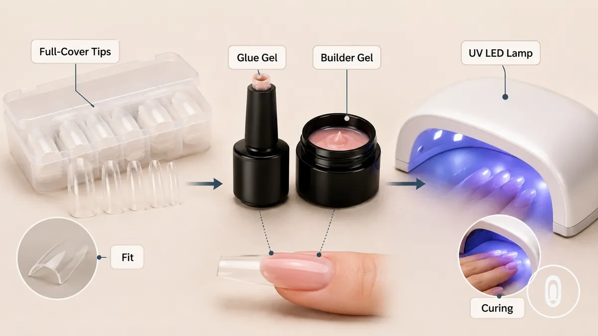 Componentes principais do kit de extensão de unhas em gel incluindo pontas, gel e lâmpada de cura