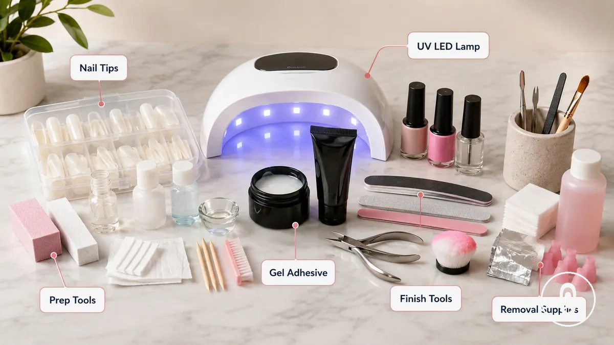 Partes de um kit completo de extensão de unhas em gel, incluindo pontas de unha, lâmpada, adesivo de gel, ferramentas de preparação e suprimentos para remoção