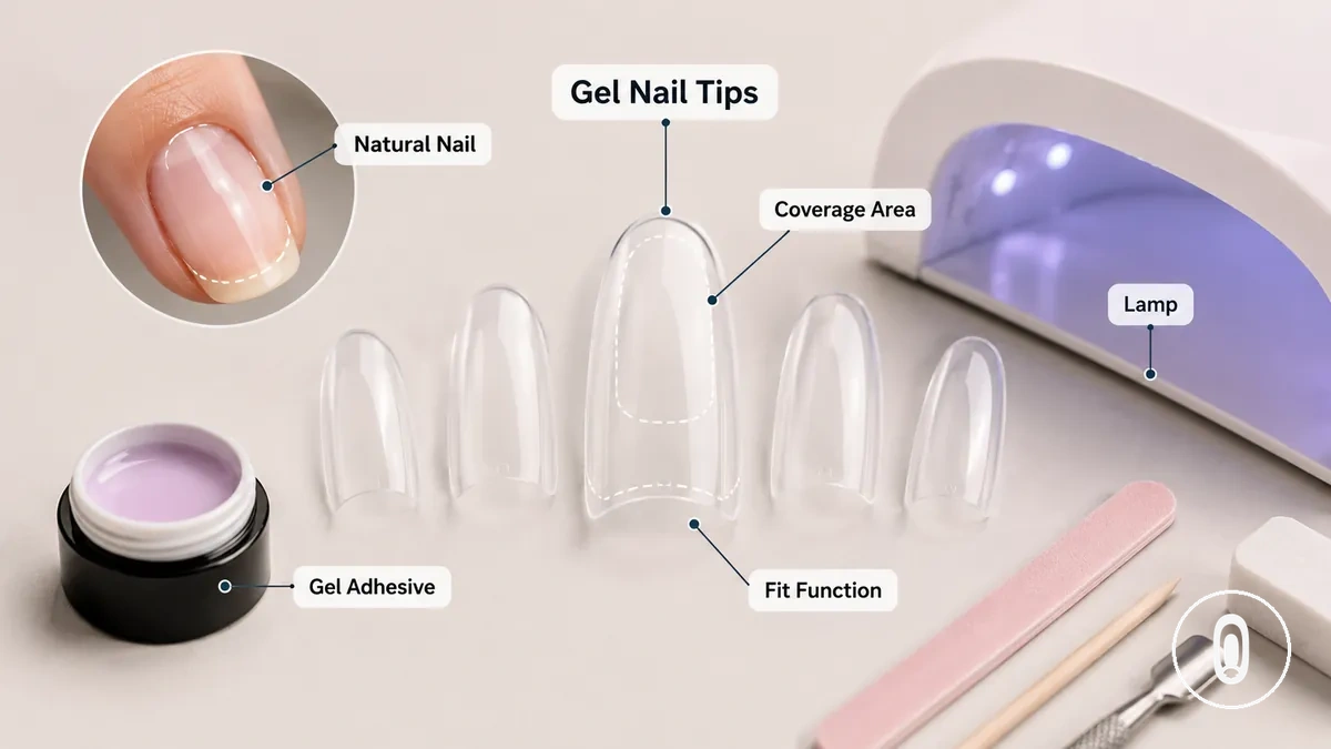 Pontas de gel mostradas como um componente dentro de um kit de extensão caseiro com ferramentas relacionadas