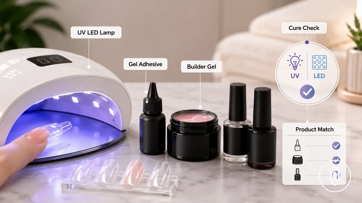 UV veya LED tırnak lambasının yanında kürleme uyumluluk ipuçlarını gösteren jel tırnak uzatma ürünleri