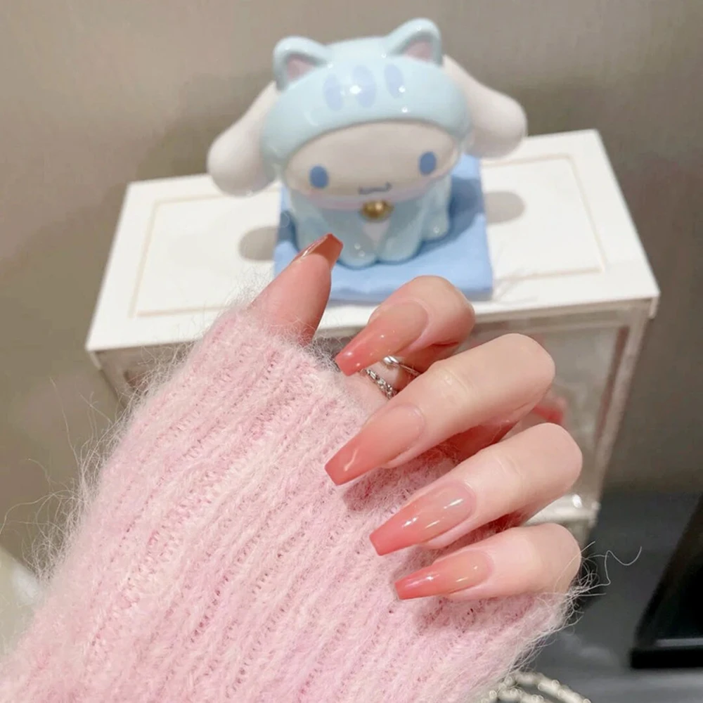 Faux ongles translucides à la mode, style japonais, rose tendre, maquillage à presser, 24 pièces